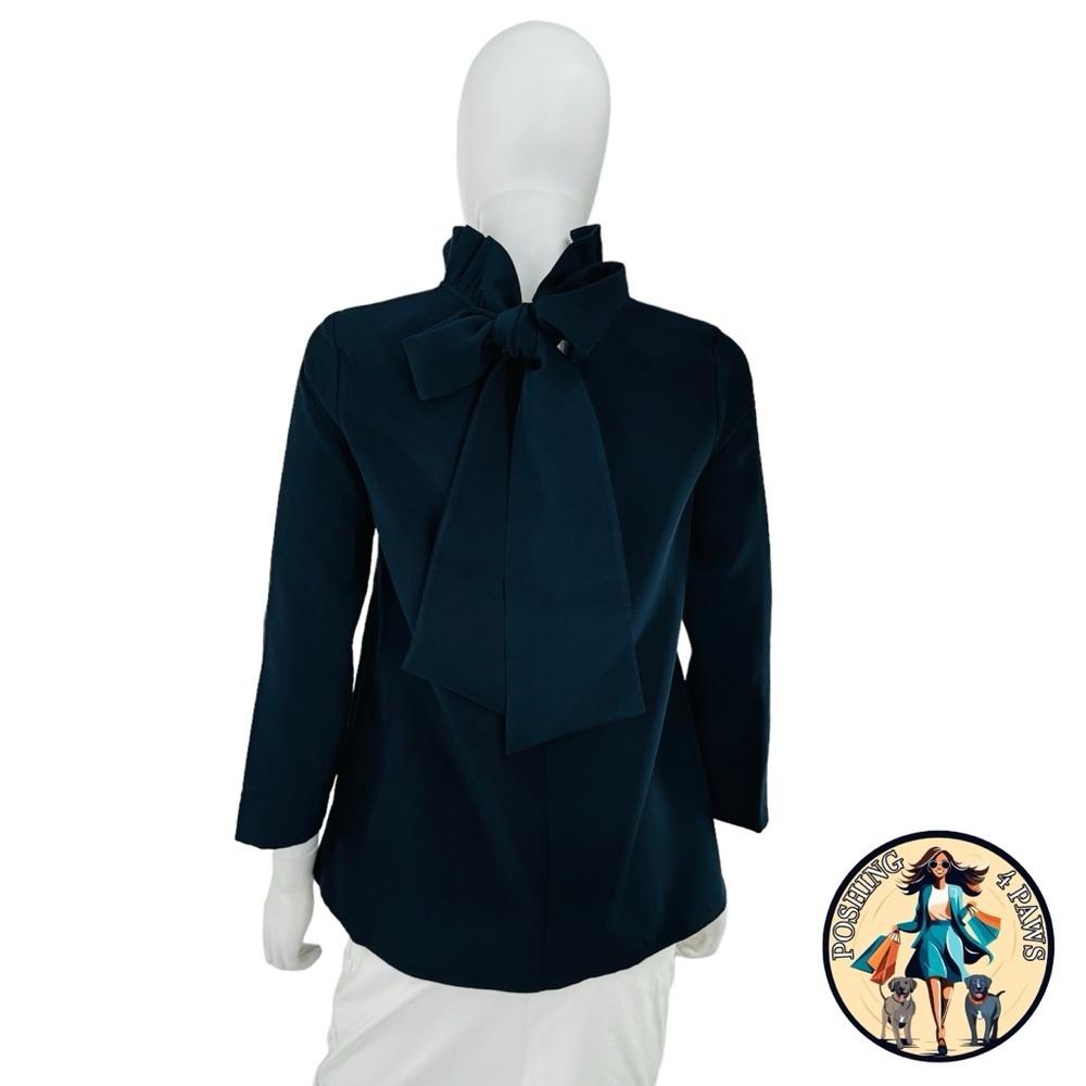 Tuckernuck NEW Navy Faye Preppy Bow Ruffle Collar 3/4 Sleeve Blouse Size XS - Picture 6 of 9